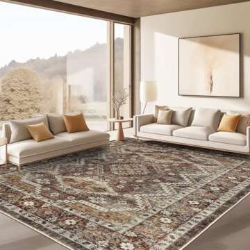 Rugland 9x12 Area Rug - Stain Resistant Washable Rug, Anti Slip Backing Rugs for Living Room, Vintage Tribal Area Rugs (TPR07-Rust, 9'x12')