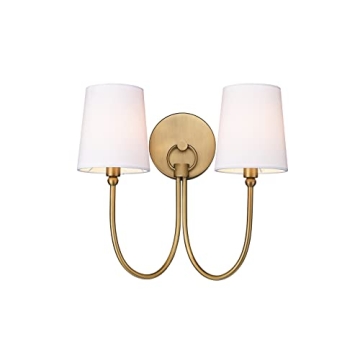 Exquisite Traditional Rustic 2-Light Sconce in Aged Brass with Fabric Shades