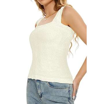 Labolliy Women Square Neck Crop Tank Tops Sleeveless Wide Strappy Lettuce Trim Going-Out Cami Vest Tops White
