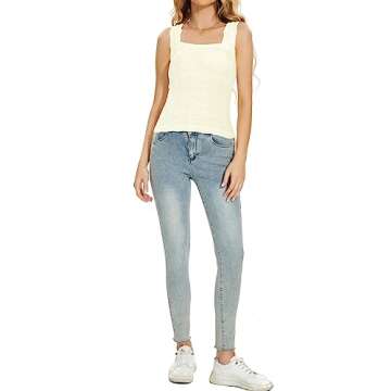 Labolliy Women Square Neck Crop Tank Tops Sleeveless Wide Strappy Lettuce Trim Going-Out Cami Vest Tops White
