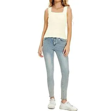 Labolliy Women Square Neck Crop Tank Tops Sleeveless Wide Strappy Lettuce Trim Going-Out Cami Vest Tops White