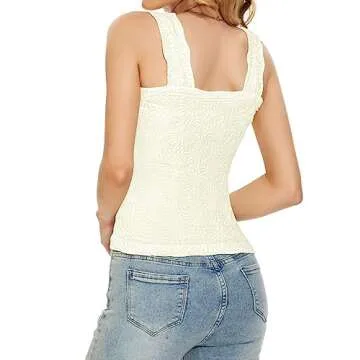 Labolliy Women Square Neck Crop Tank Tops Sleeveless Wide Strappy Lettuce Trim Going-Out Cami Vest Tops White