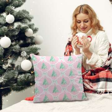 Nvotell Pink Christmas Tree Pillow Covers - Coquette Bows Cases, Tree Decorations, Room Decor
