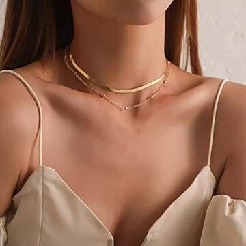 Tewiky Necklaces for Women, Layering Herringbone Beaded Necklaces Gold Plated Layered Short Necklaces Cute Beaded Necklaces Chunky Gold Chain Choker Necklace for Women Gold Jewelry Set