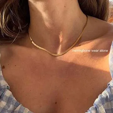 Tewiky Necklaces for Women, Layering Herringbone Beaded Necklaces Gold Plated Layered Short Necklaces Cute Beaded Necklaces Chunky Gold Chain Choker Necklace for Women Gold Jewelry Set