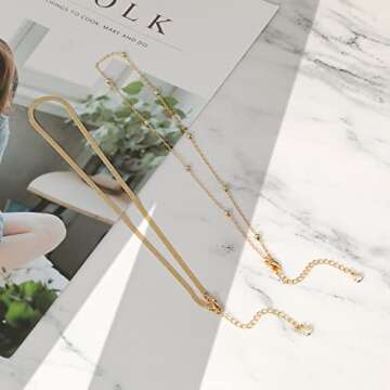 Tewiky Necklaces for Women, Layering Herringbone Beaded Necklaces Gold Plated Layered Short Necklaces Cute Beaded Necklaces Chunky Gold Chain Choker Necklace for Women Gold Jewelry Set