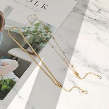 Tewiky Necklaces for Women, Layering Herringbone Beaded Necklaces Gold Plated Layered Short Necklaces Cute Beaded Necklaces Chunky Gold Chain Choker Necklace for Women Gold Jewelry Set