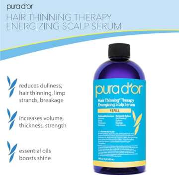PURA D'OR 16 Oz Hair Thinning Therapy Energizing Scalp Serum Revitalizer - Large Refill Bottle - Arg...