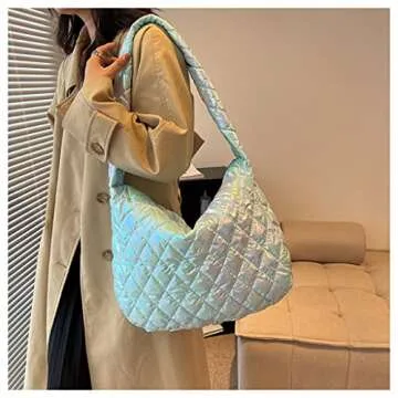 Women's Puffer Bag Quilted Shoulder Bag Lightweight Nylon Tote Bag Puffy Crossbody Bag Large Capacity Hobo Purse Handbag