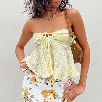 Y2k Sexy Tube Tops for Women Strapless Sleeveless Backless Tank Crop Tie Front Bandeau Going Out Lace Shirt Cute Summer Clothing (A-Yellow Ruffle, S)