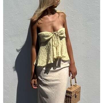 Y2k Sexy Tube Tops for Women Strapless Sleeveless Backless Tank Crop Tie Front Bandeau Going Out Lace Shirt Cute Summer Clothing (A-Yellow Ruffle, S)
