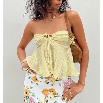 Y2k Sexy Tube Tops for Women Strapless Sleeveless Backless Tank Crop Tie Front Bandeau Going Out Lace Shirt Cute Summer Clothing (A-Yellow Ruffle, S)