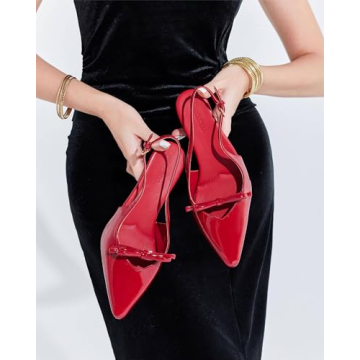 Coutgo Women's Bow Slingback Kitten Heels Red