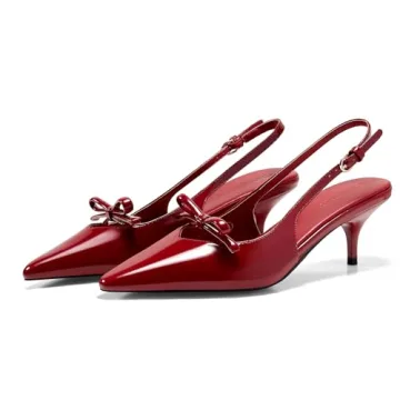 Coutgo Women's Bow Slingback Kitten Heels Red