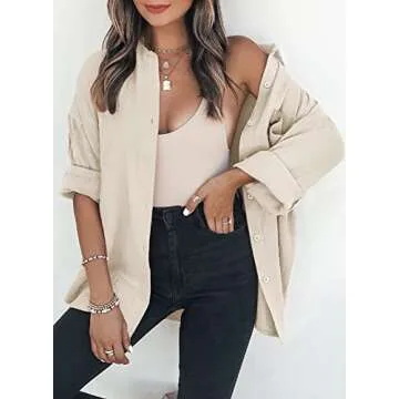 Dokotoo Womens Color Block Button Down Shirts Long Sleeve Oversized Boyfriend Blouses Tops