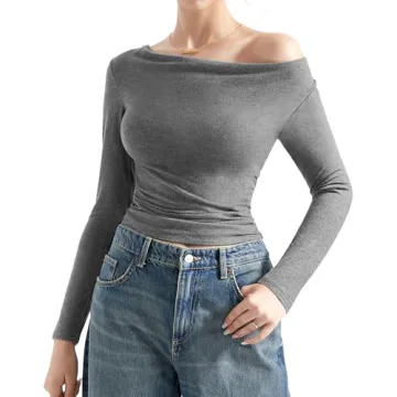 SUUKSESS Women Fall Long Sleeve Off Shoulder Tops Trendy Cowl Neck Blouses Grey S