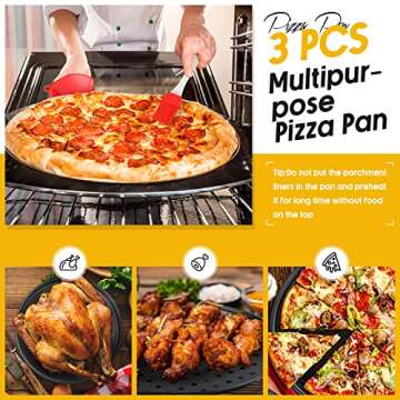 Mimorou 8 Pieces Pizza Pan with Holes 9 Inch,10 Inch, 12 Inch Tray for Oven Includes Making Kit Wheel Cutter Slicer Spatula Shovel Brush Silicone Cooking Pinch Mitts Family Party Favors