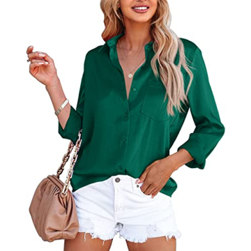 Foshow Women's Satin V Neck Button Down Shirt for Work