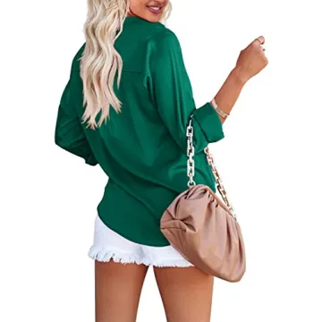 Foshow Women's Satin V Neck Button Down Shirt for Work