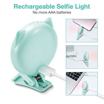 OURRY Selfie Clip on Ring Light, Mini Rechargeable 9 Level Adjustable Brightness Light with 32 LED, 2-8 Hours, USB Flash Lighting for iPhone/Android Cell Phone Photography,Video, Vlogging - Blue