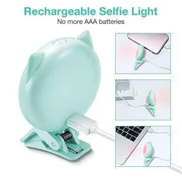OURRY Selfie Clip on Ring Light, Mini Rechargeable 9 Level Adjustable Brightness Light with 32 LED, 2-8 Hours, USB Flash Lighting for iPhone/Android Cell Phone Photography,Video, Vlogging - Blue