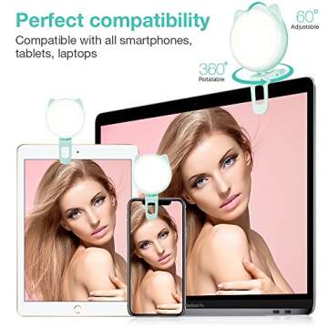 OURRY Selfie Clip on Ring Light, Mini Rechargeable 9 Level Adjustable Brightness Light with 32 LED, 2-8 Hours, USB Flash Lighting for iPhone/Android Cell Phone Photography,Video, Vlogging - Blue