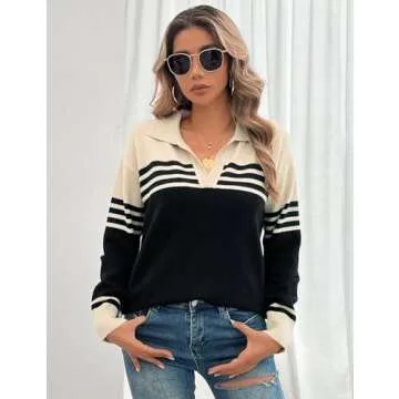CiCiBird Women Fall V Neck Sweater Color Block Polo Long Sleeve Shirt Casual Loose Striped Pullover Sweaters Apricot Black L