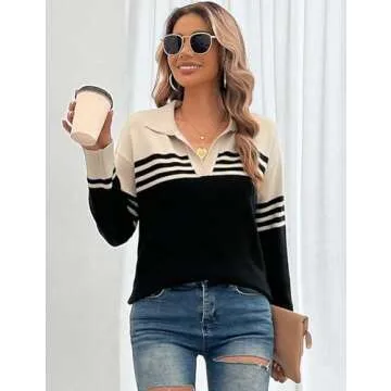CiCiBird Women Fall V Neck Sweater Color Block Polo Long Sleeve Shirt Casual Loose Striped Pullover Sweaters Apricot Black L