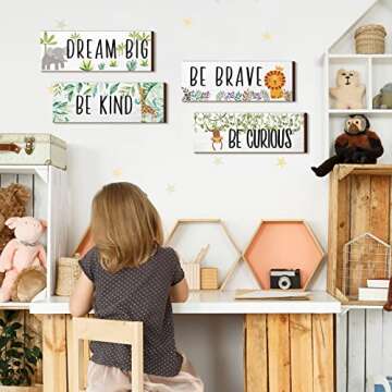 Yookeer 4 Pieces Woodland Nursery Decor Safari wall art Be kind brave curious Cute Jungle Animal Nursery Decor for Bedroom living room home 11x 3.9 Inches(Lively Animals,White Background)