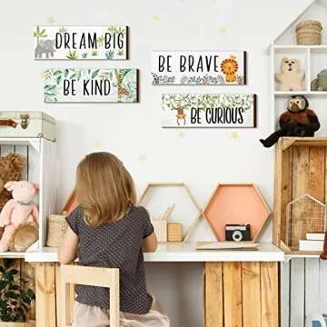 Yookeer 4 Pieces Woodland Nursery Decor Safari wall art Be kind brave curious Cute Jungle Animal Nursery Decor for Bedroom living room home 11x 3.9 Inches(Lively Animals,White Background)
