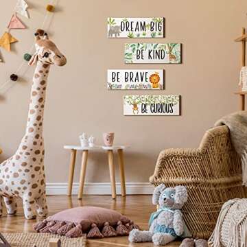 Yookeer 4 Pieces Woodland Nursery Decor Safari wall art Be kind brave curious Cute Jungle Animal Nursery Decor for Bedroom living room home 11x 3.9 Inches(Lively Animals,White Background)