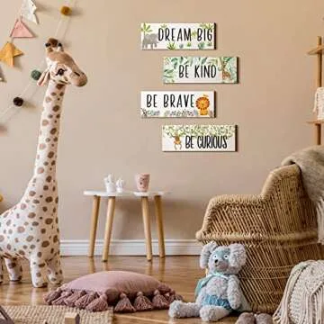 Yookeer 4 Pieces Woodland Nursery Decor Safari wall art Be kind brave curious Cute Jungle Animal Nursery Decor for Bedroom living room home 11x 3.9 Inches(Lively Animals,White Background)