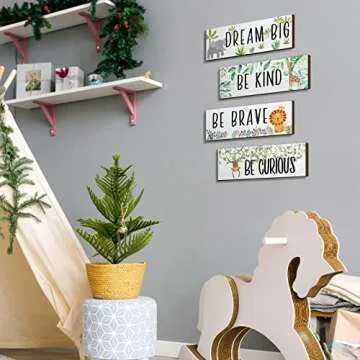Yookeer 4 Pieces Woodland Nursery Decor Safari wall art Be kind brave curious Cute Jungle Animal Nursery Decor for Bedroom living room home 11x 3.9 Inches(Lively Animals,White Background)