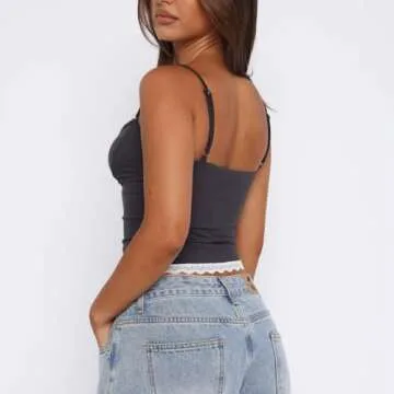 Women Y2k Spaghetti Strap Camisole Crop Top Deep V Neeck Slim Fitted Vest Going Out Shirt Tank Tops Streetwear(CE-Deep Gray,S)