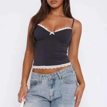 Women Y2k Spaghetti Strap Camisole Crop Top Deep V Neeck Slim Fitted Vest Going Out Shirt Tank Tops Streetwear(CE-Deep Gray,S)