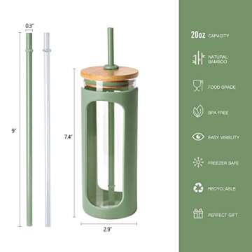 Kodrine 20oz Glass Water Bottle with Straw and Lid,Bamboo Lids Water Tumbler, Iced Coffee Cup Reusab...