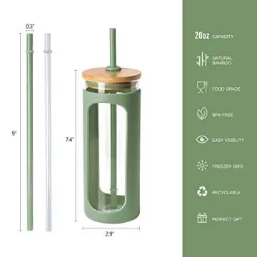 Kodrine 20oz Glass Water Bottle with Straw and Lid,Bamboo Lids Water Tumbler, Iced Coffee Cup Reusab...