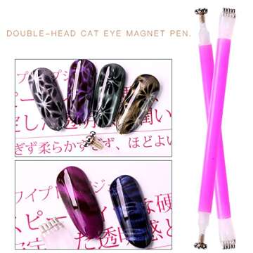 JERCLITY 5 Pieces Nail Magnet Stick Cat Eye Magnet Tool Double-Headed Flower Design Nail Art Magnet Pen Set Magnet Wand Strong Magnet Stick Dotting Pens for Home DIY, Salon, Studio