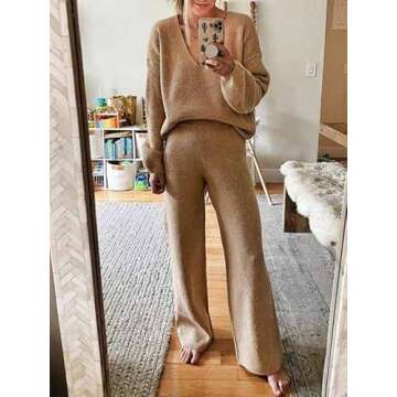 2PCS Tracksuit for Womens Plain Color Sexy V Neck Puff Sleeve Long Pants Sweatsuits Lounge Sets Pajama Active Workout Sports Khaki M