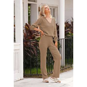 2PCS Tracksuit for Womens Plain Color Sexy V Neck Puff Sleeve Long Pants Sweatsuits Lounge Sets Pajama Active Workout Sports Khaki M