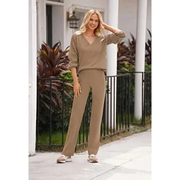 2PCS Tracksuit for Womens Plain Color Sexy V Neck Puff Sleeve Long Pants Sweatsuits Lounge Sets Pajama Active Workout Sports Khaki M