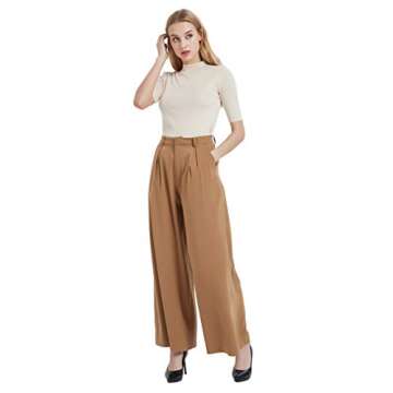 Tronjori Women High Waist Casual Wide Leg Long Palazzo Pants Trousers Regular Size(S, Camel Short)