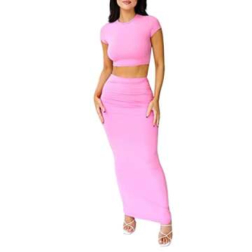 Women Y2k 2 Piece Outfits Set Short Sleeve Crew Neck Shirt Top Solid Bodycon Long Maxi Skirt Set (B Pink, S)