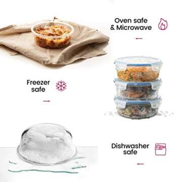 FineDine 6-Piece Superior Glass Food Storage Containers Set, 32oz Capacity - Newly Innovated Hinged Locking lids - 100% Leakproof Glass Meal-Prep Containers, Freezer-to-Oven-Safe (Blue)