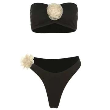 OYOANGLE Women's 2 Piece Floral Appliques Strapless Bikini Swimsuit High Cut Thong Bathing Suits Swimwear Black Medium