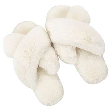 Metog Women's Fuzzy Slippers House Slippers Cross Band Slippers Indoor Outdoor Soft Open Toe Slippers