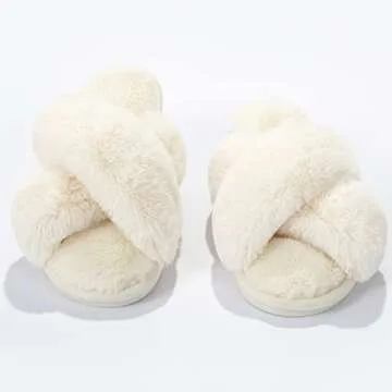 Metog Women's Fuzzy Slippers House Slippers Cross Band Slippers Indoor Outdoor Soft Open Toe Slippers