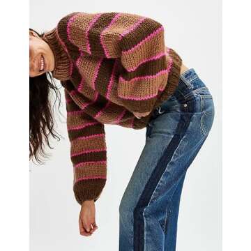 Yeokou Women Stripe Pullover Sweater Turtleneck Ribbed Knit Top Casual Fall Winter Knitwear(Brown-S)