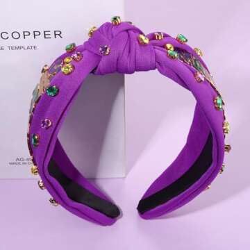 NVENF Mardi Gras Headbands for Women Crown Mask Headband Green Purple Yellow Rhinestone Jeweled Knotted Headband Mardi Gras Accessories Carnival Oufits Party Favors Gift (MARDI GRAS A - Purple)