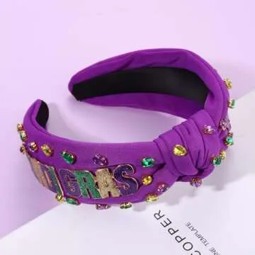 NVENF Mardi Gras Headbands for Women Crown Mask Headband Green Purple Yellow Rhinestone Jeweled Knotted Headband Mardi Gras Accessories Carnival Oufits Party Favors Gift (MARDI GRAS A - Purple)